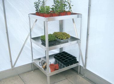 Three tier greenhouse staging with 50mm deep trays